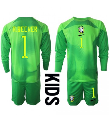 Brazylia Alisson Becker #1 Bramkarskie Koszulka Wyjazdowych Dziecięca MŚ 2022 Długi Rękaw (+ Krótkie spodenki)